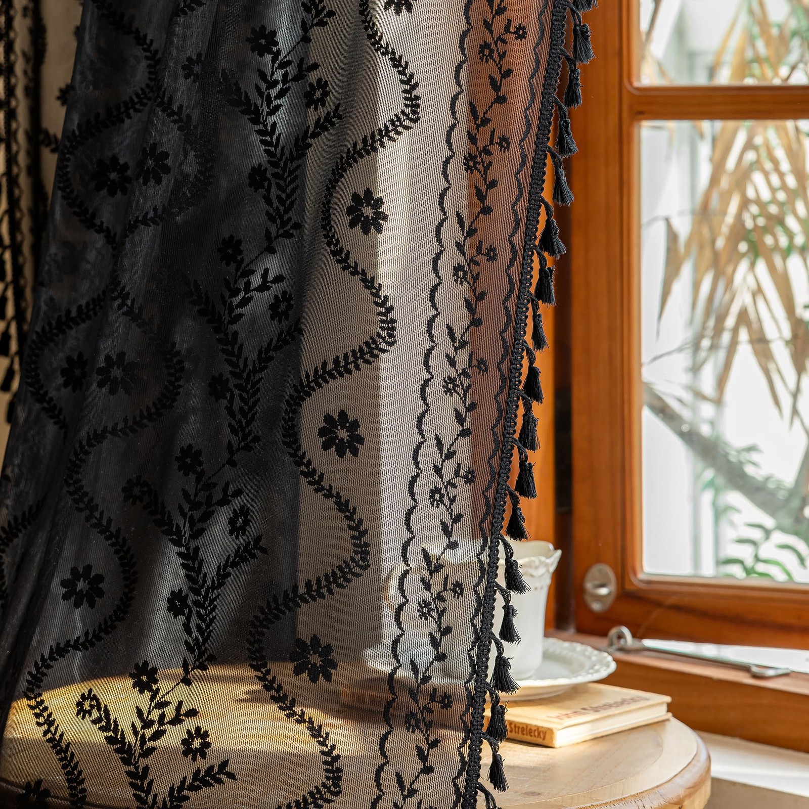 Boho Lace Curtains 63 Inch -Vintage Victorian Sheer Panel Drape Floral Patter…