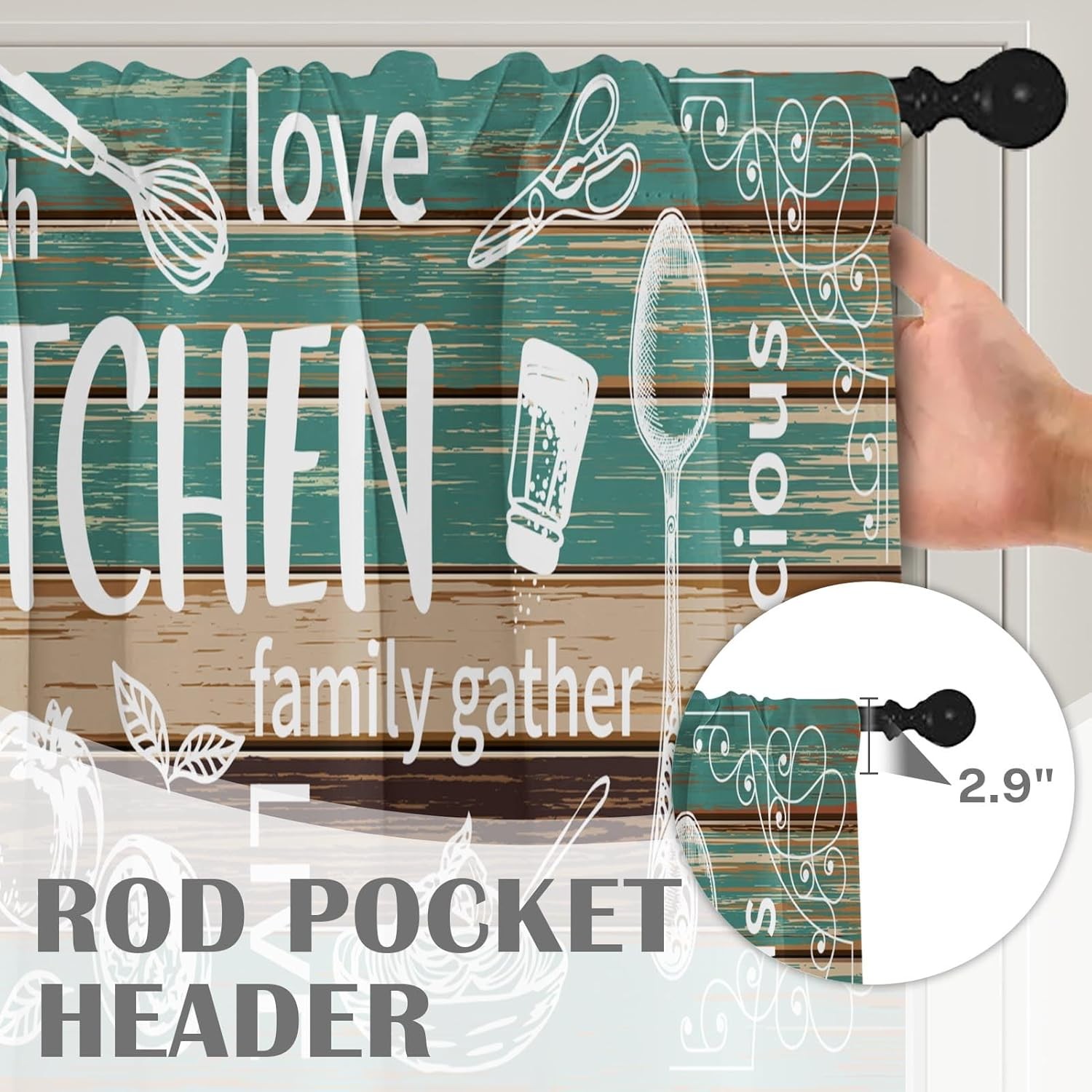 2 Pack Valances Window Treatments Teal & Brown Farmhouse Kitchen Cooking