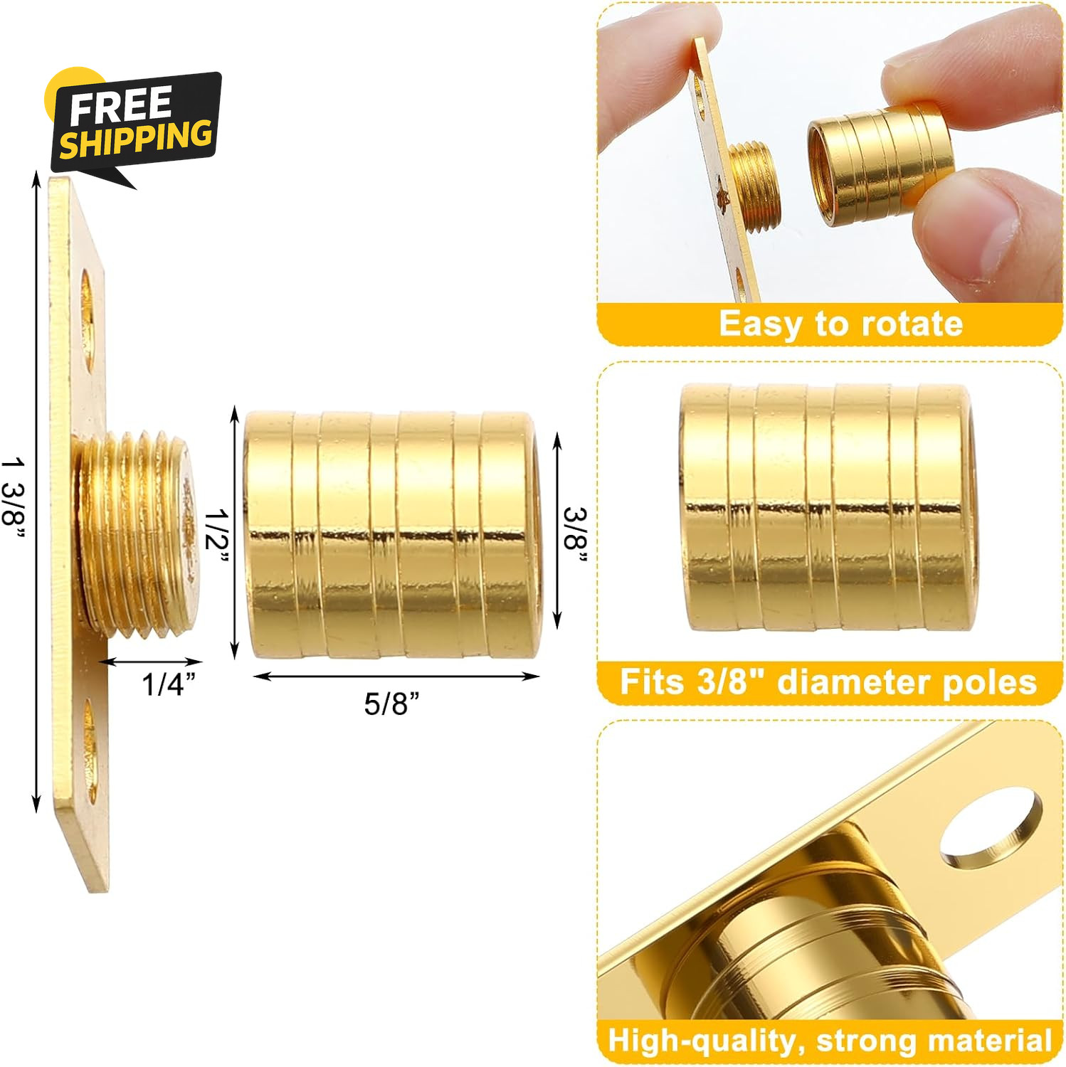 4 Pcs inside Mount Curtain Rod Bracket 3/8″ Bracket Set for 3/8″ Rodding (Brass)