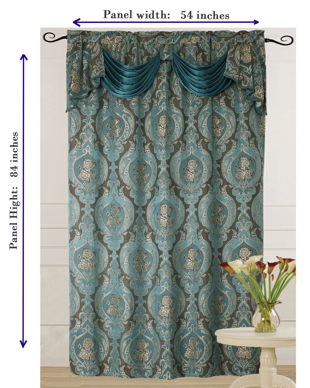 ROSA Luxury Jacquard Curtain Panel with Attached Waterfall Valance 54″ X 84″