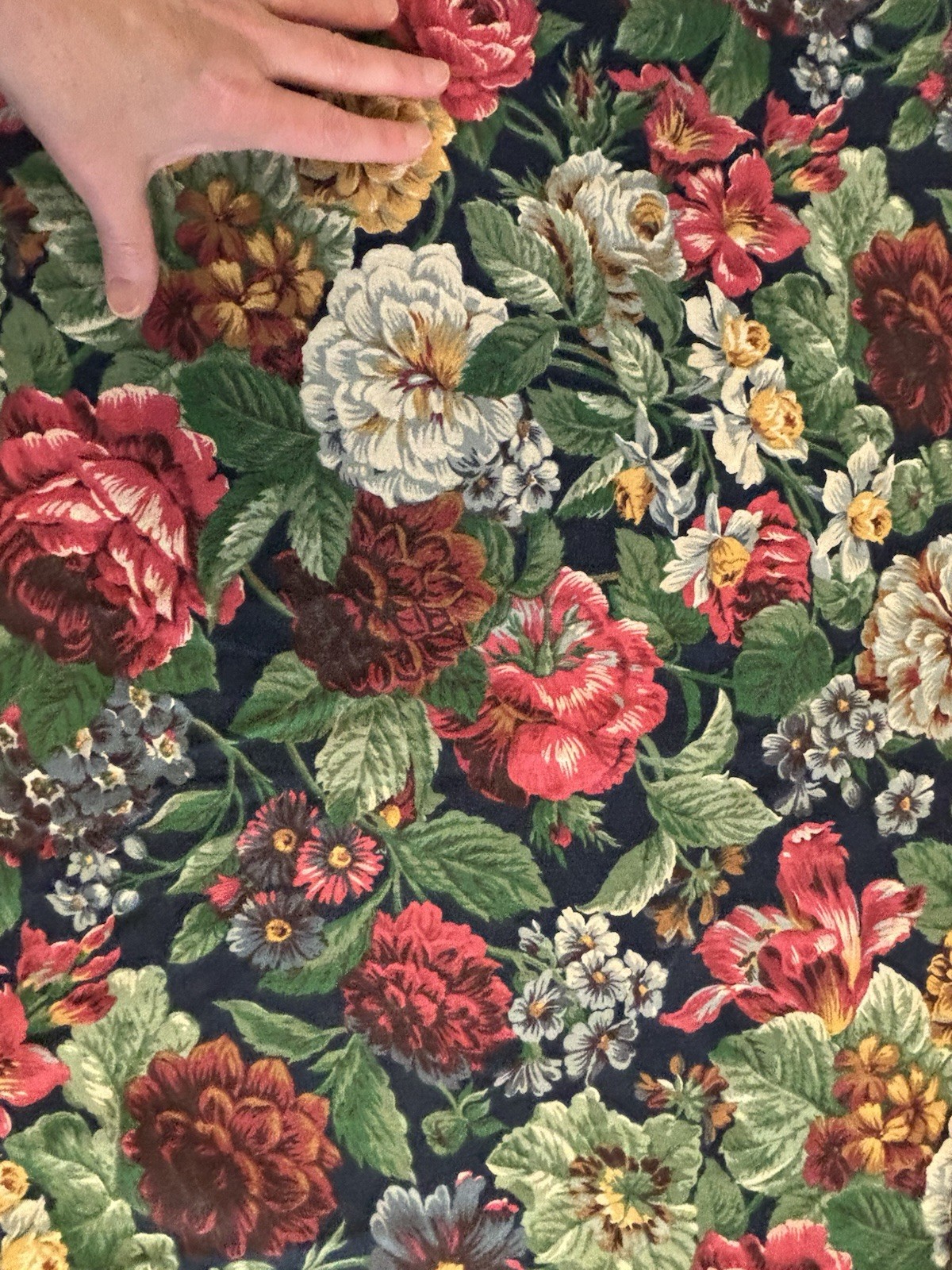VTG 90s Curtain Panel Floral Ruffle LEFT side Navy Green Vibrant 45″W x 84″L EUC