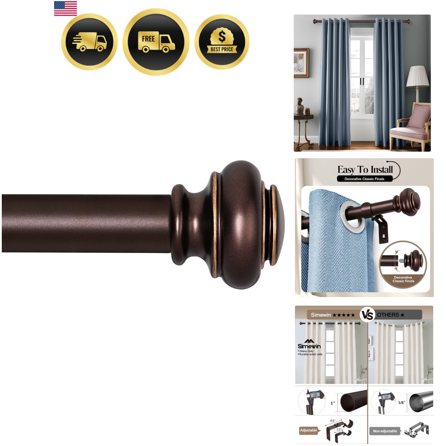 Heavy Duty Curtain Rods for Windows 28 to 48 Inches, Bronze Curtain Rods with…