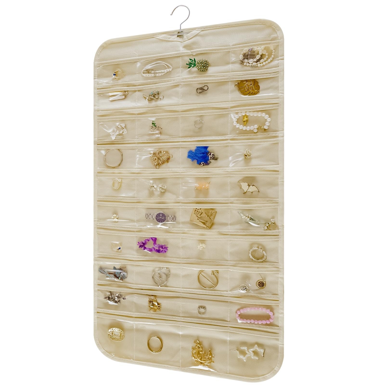 Hanging Jewelry Organizer Storage Roll with Hanger Metal Hooks Double-Sided J…