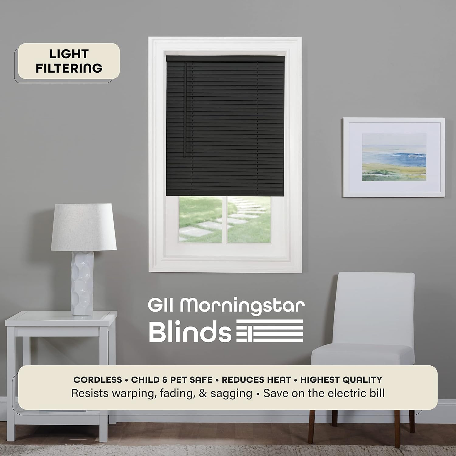 Cordless Light Filtering Mini Blind – 31 Inch Width, 64 Inch Length, 1″ Slat Siz
