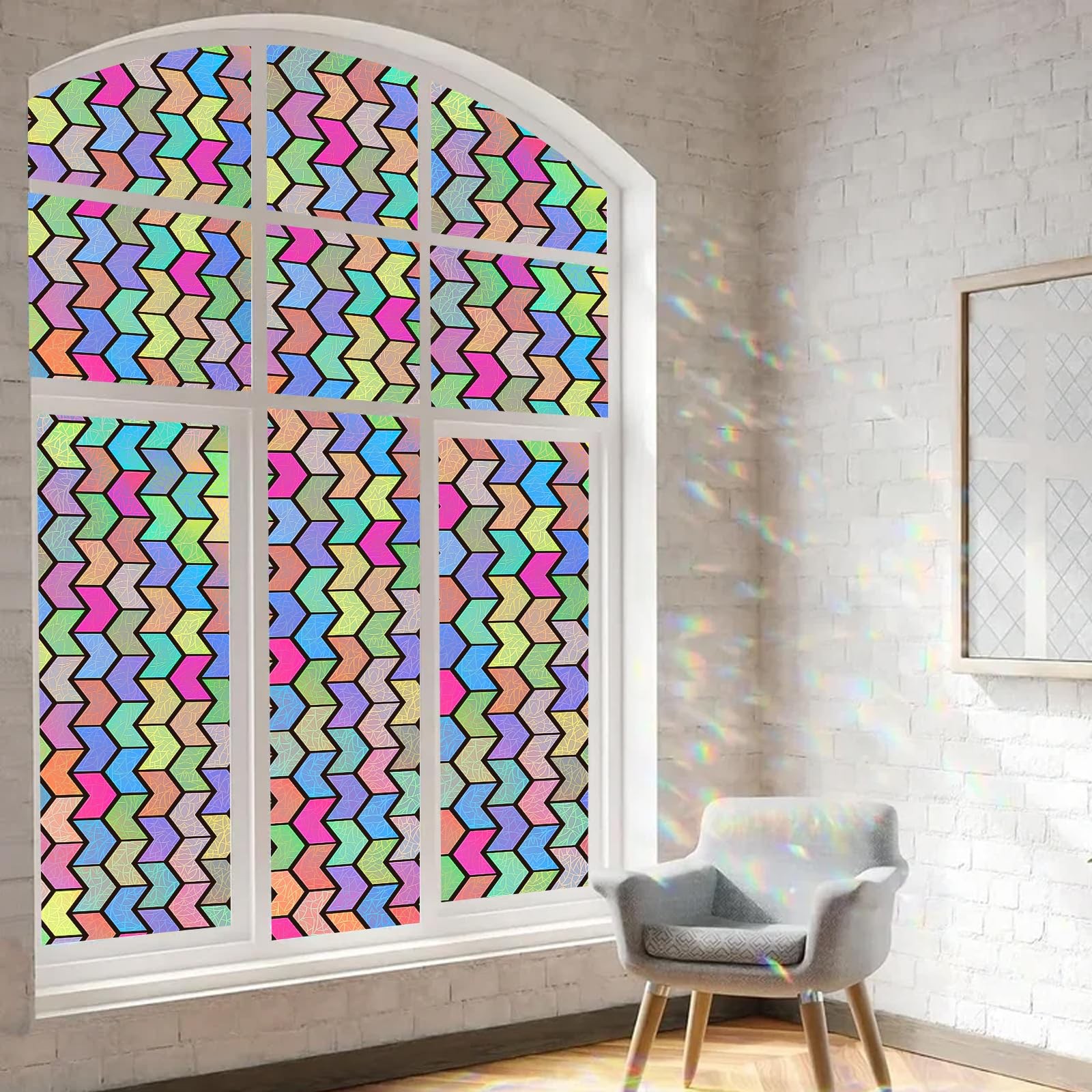Rainbow Decorative Stained Glass Window 23.62″ x 78.7″, Colorful Geometry