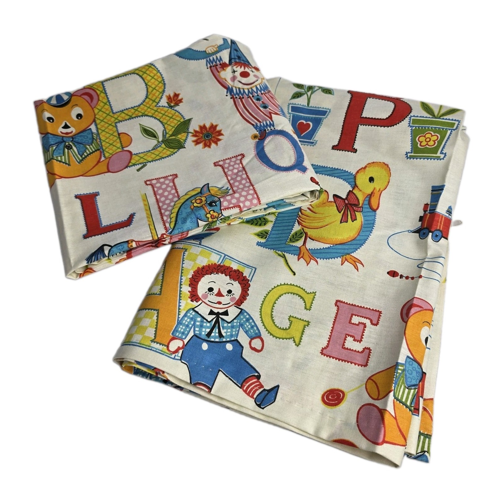 2 Vintage Nursery Curtains Raggedy Ann Andy Bear Duck Letters 44 × 40″ Handmade