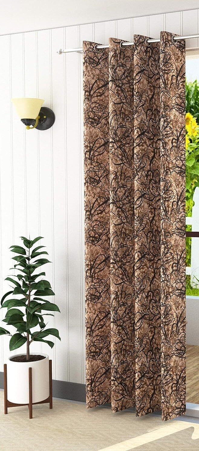 2 Piece Printed Polyester Ringtop Window Door Boho Curtain Set 5 7 9 Feet- Brown