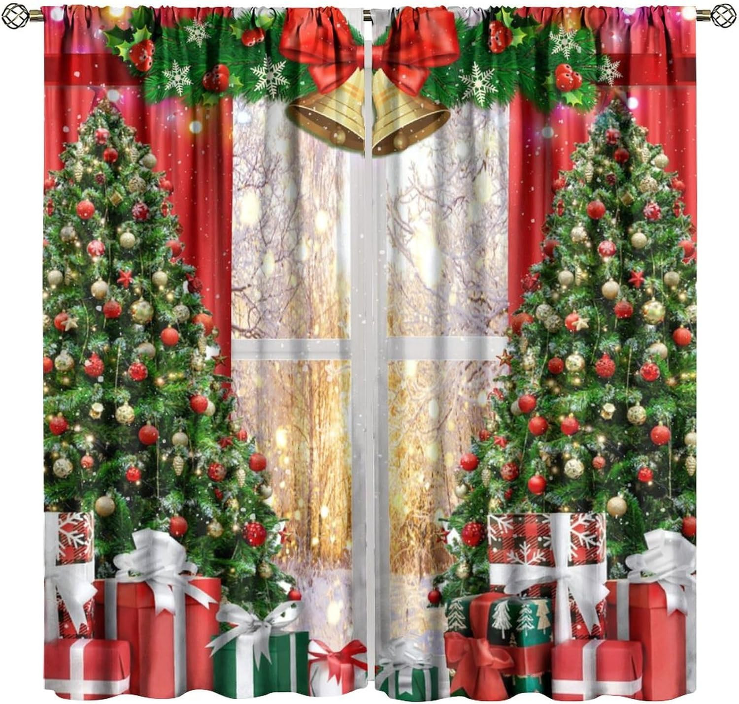 Festive Christmas Window Curtains with Snowy Tree & Bell Design, 84×84 Inch