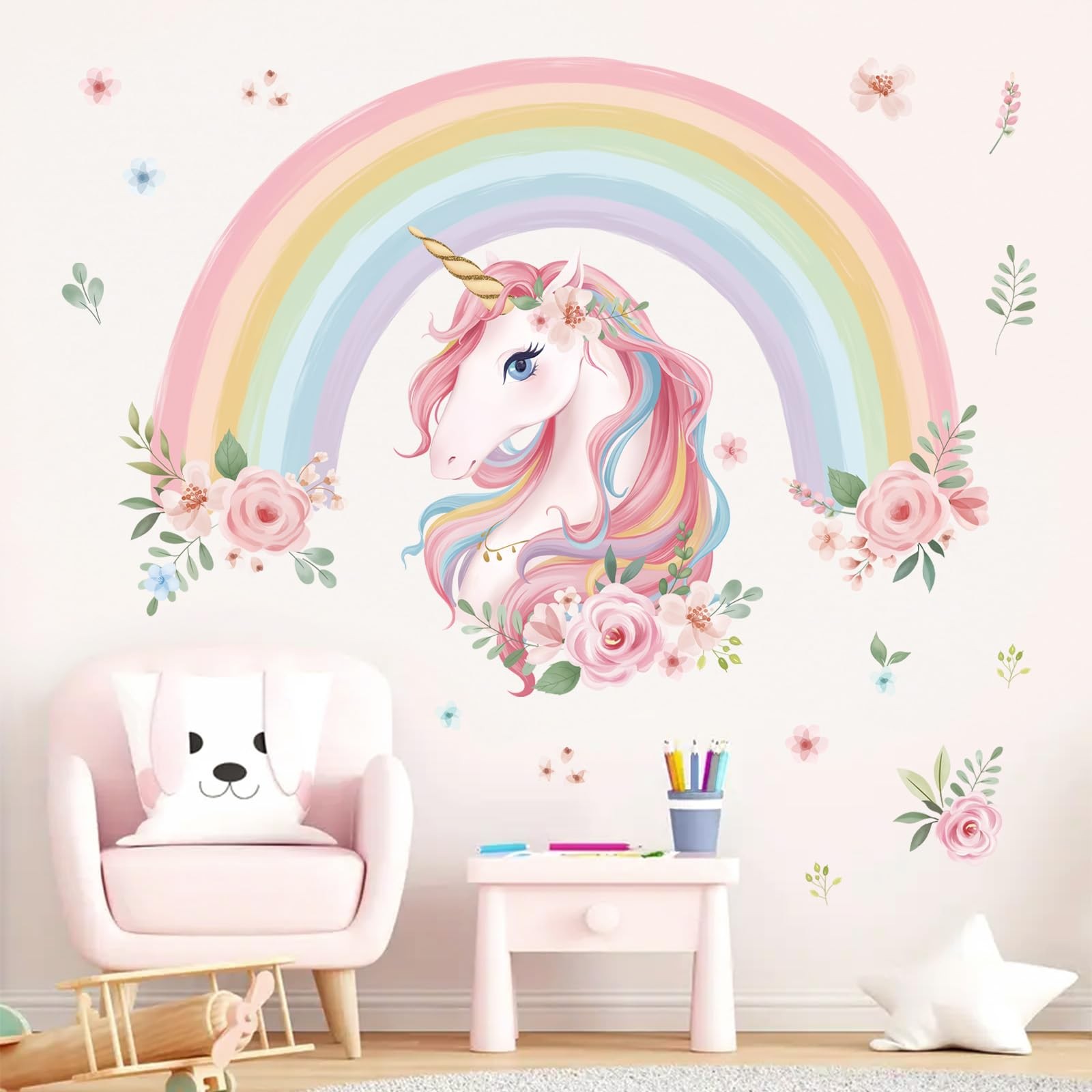 wondever Large Rainbow Wall Decals Unicorn Flower Peel and Stick