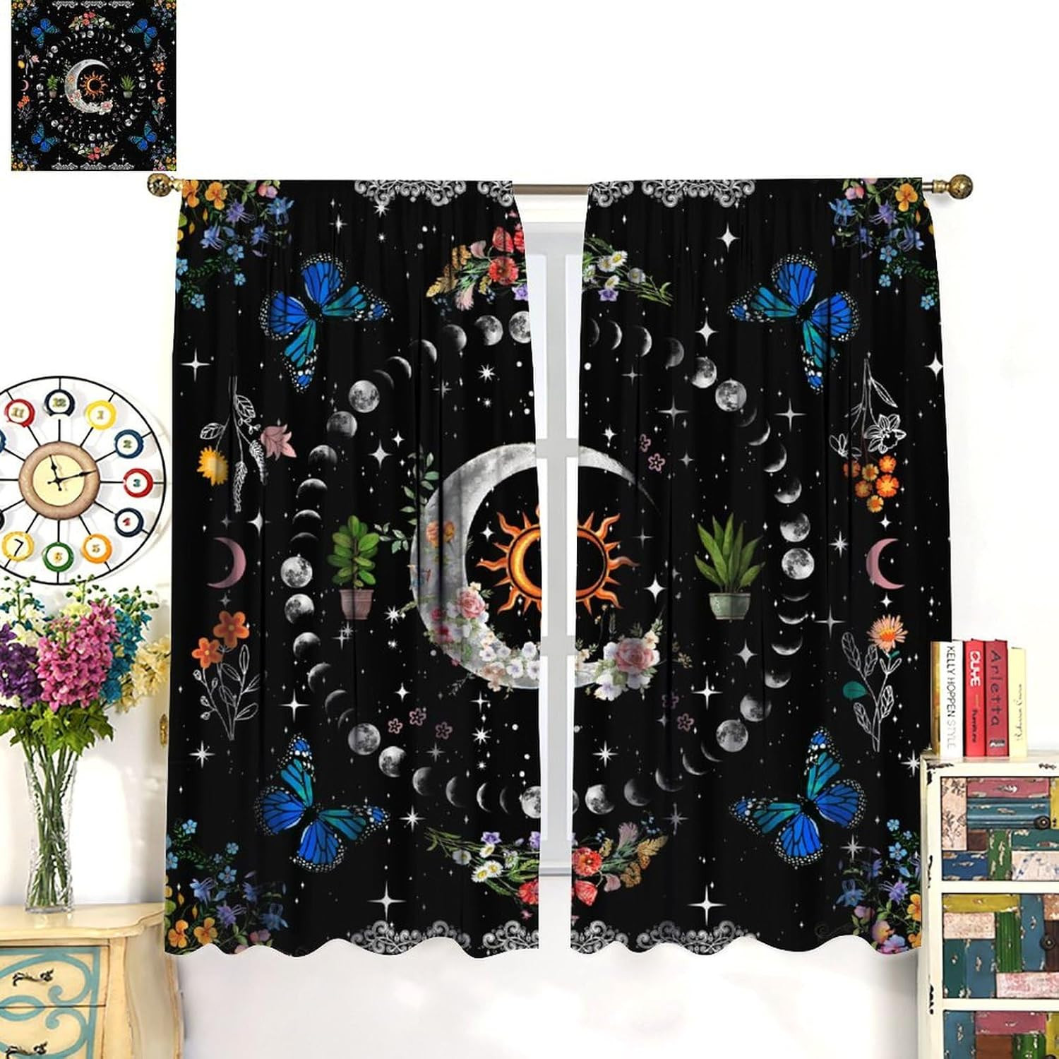 Moon Butterfly Curtains for Bedroom,Beautiful Night Sky Plant Flower Leaf Bohemi