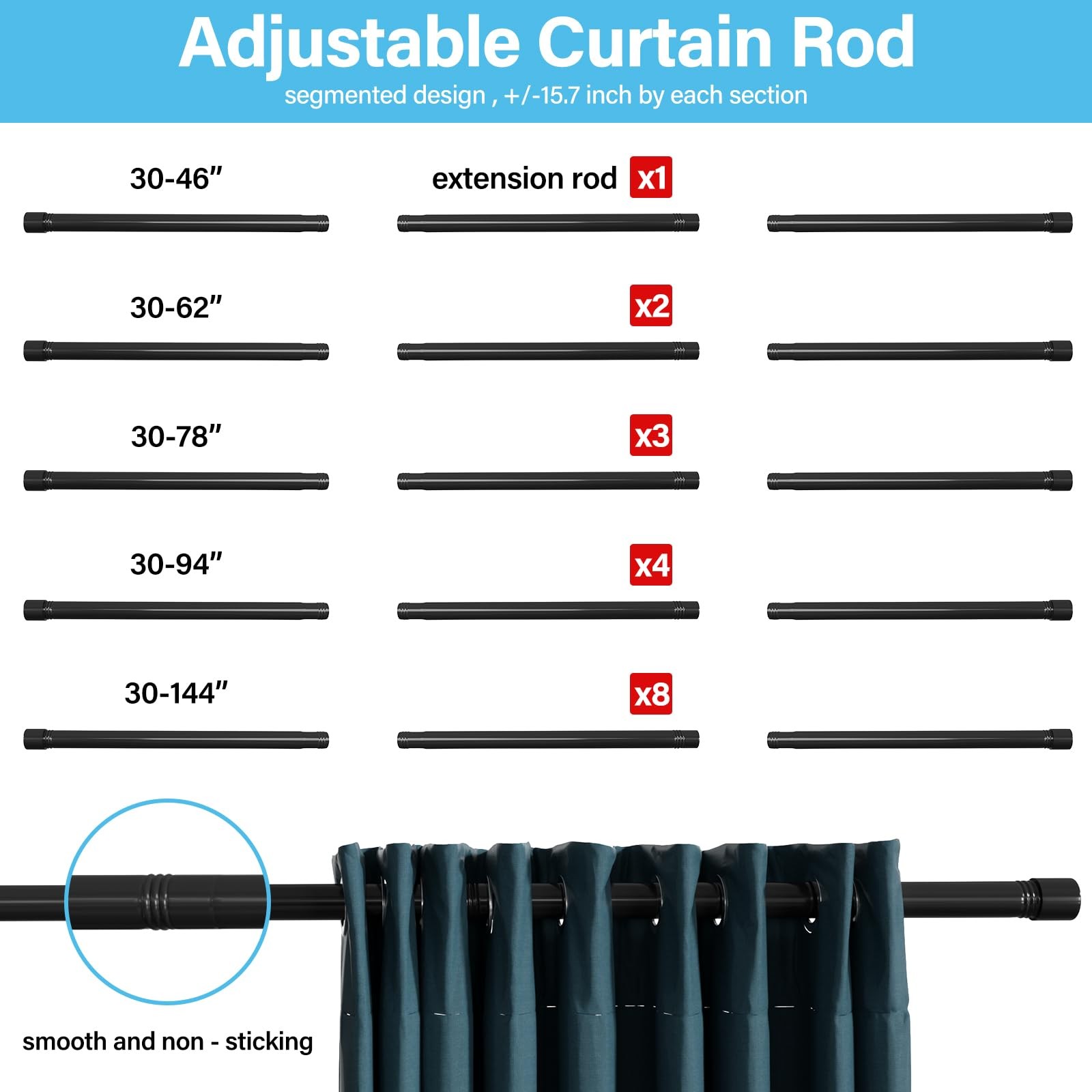 Black Curtain Rods for Windows 30-60″ – 1 inch Modern 30″-68″,