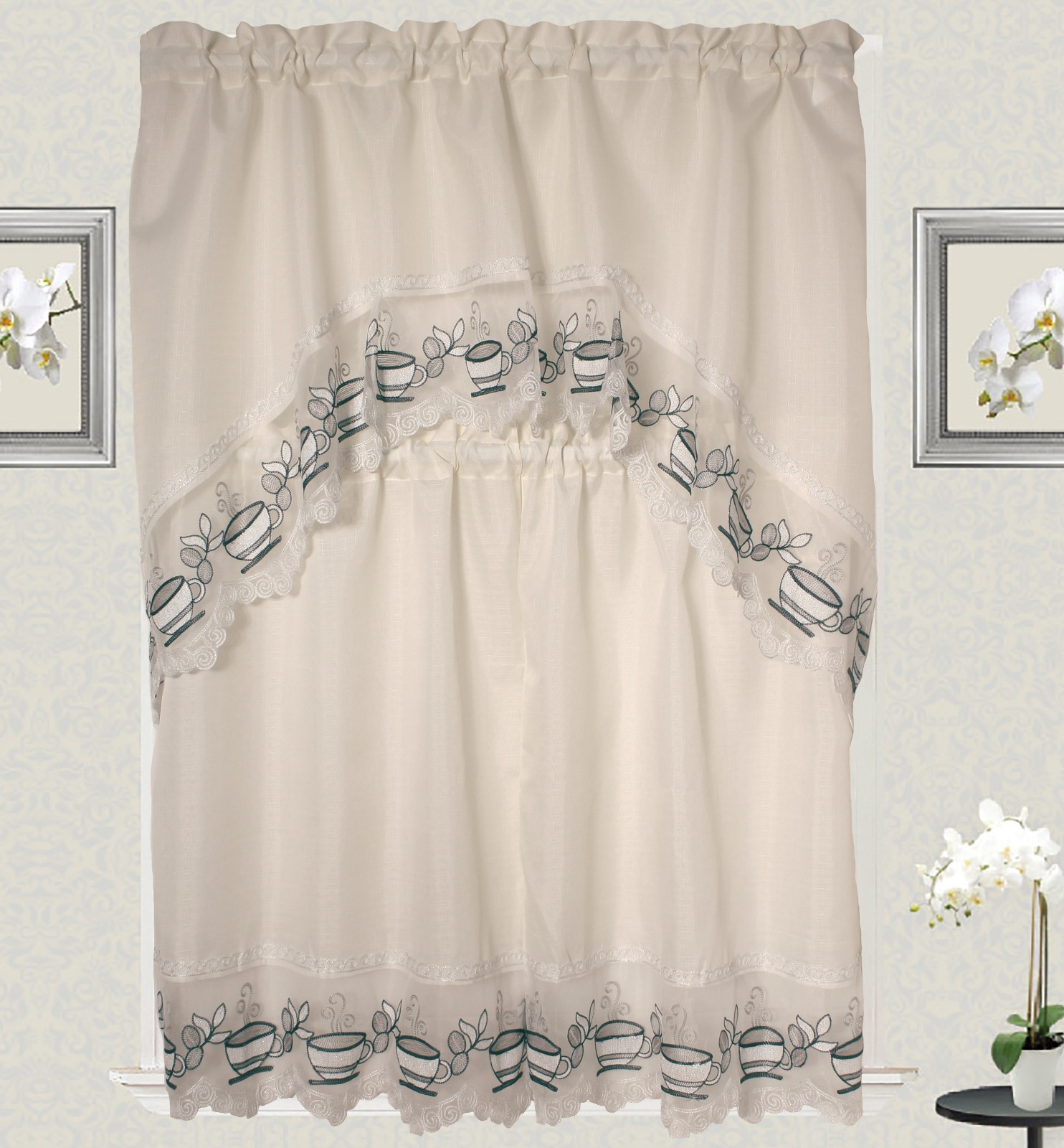 Coffee Time Embroidery Design Kitchen Curtain with Swag and Tier Set 36″ x 60″