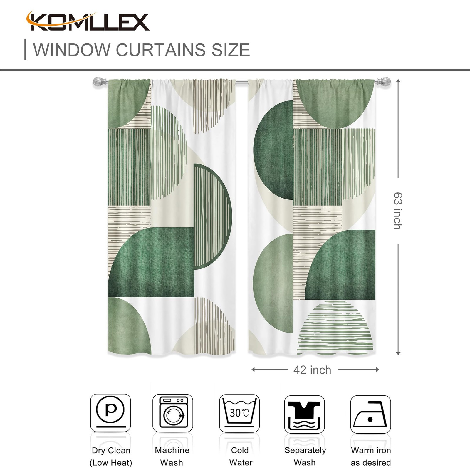 Abstract Geometric Green Curtains 42Wx63H Inch Rod Pocket Modern Minimalist S…