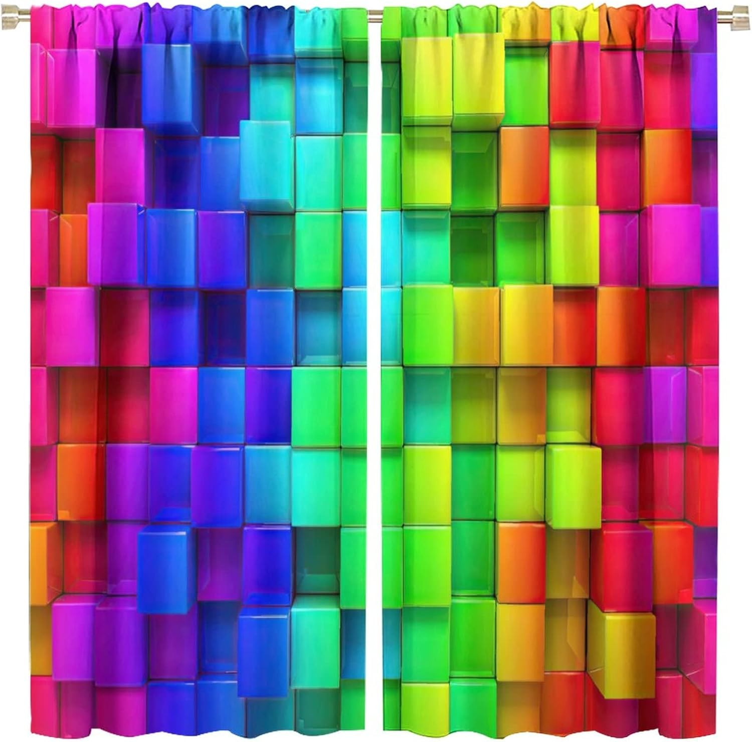 Colorful Brick Wall Blackout Window Curtains, Rainbow Geometric Abstract Neon 3