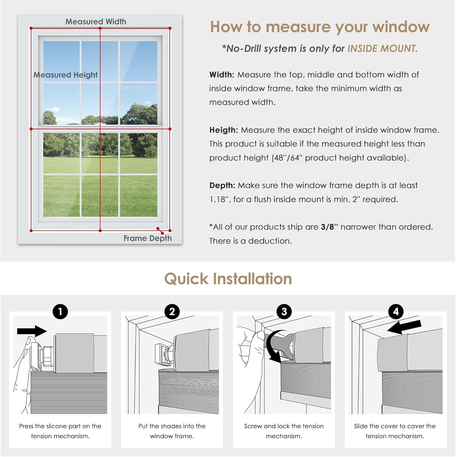 LazBlinds No-Drill Cordless Cellular Shade 52x64in Light Filtering Dark Grey