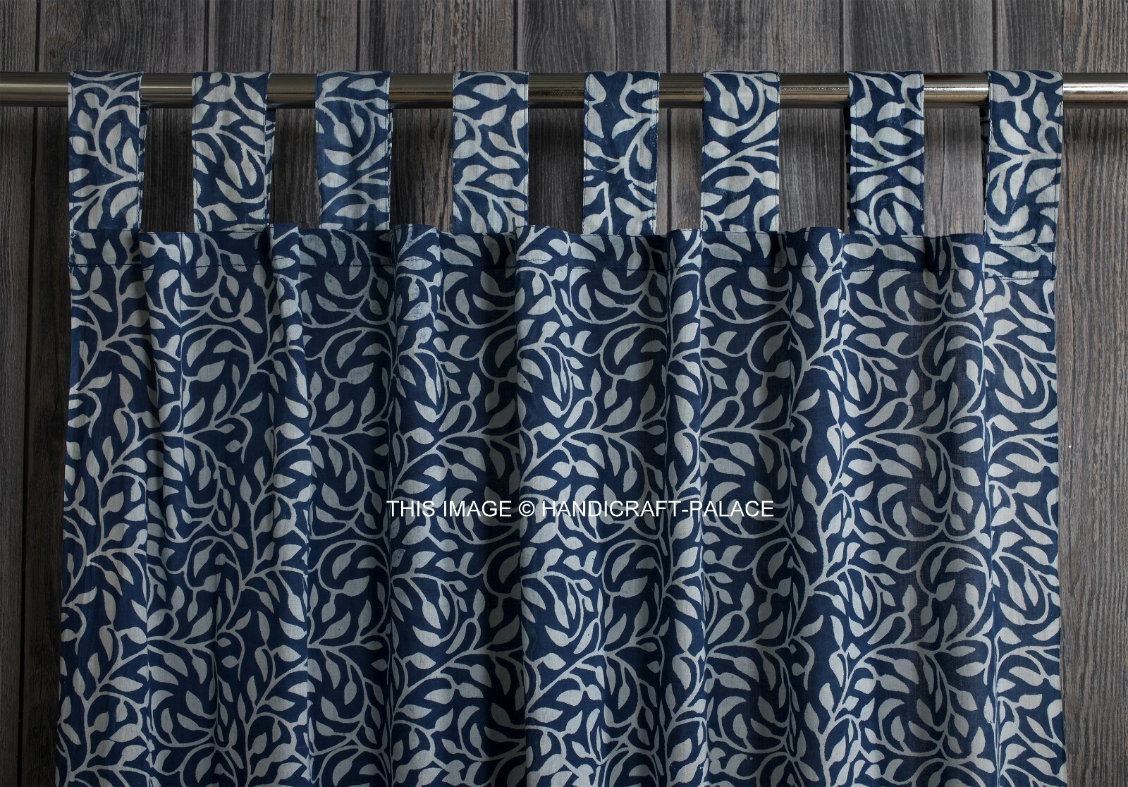 Hand Block Printed Curtain Cotton Panel Loops Natural Dye Indigo Blue 86″ Drapes