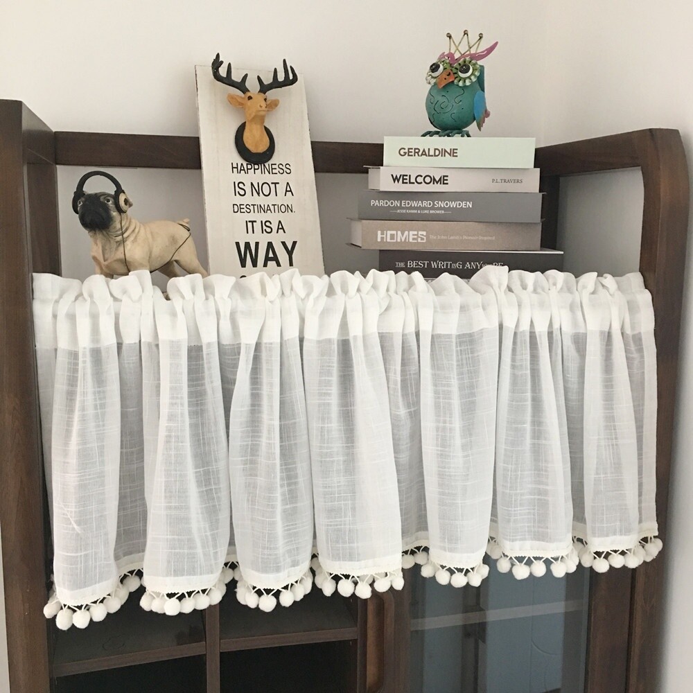 Ruffled Cafe Curtain Pompoms Balls Trim Home Kitchen Half Curtains Village