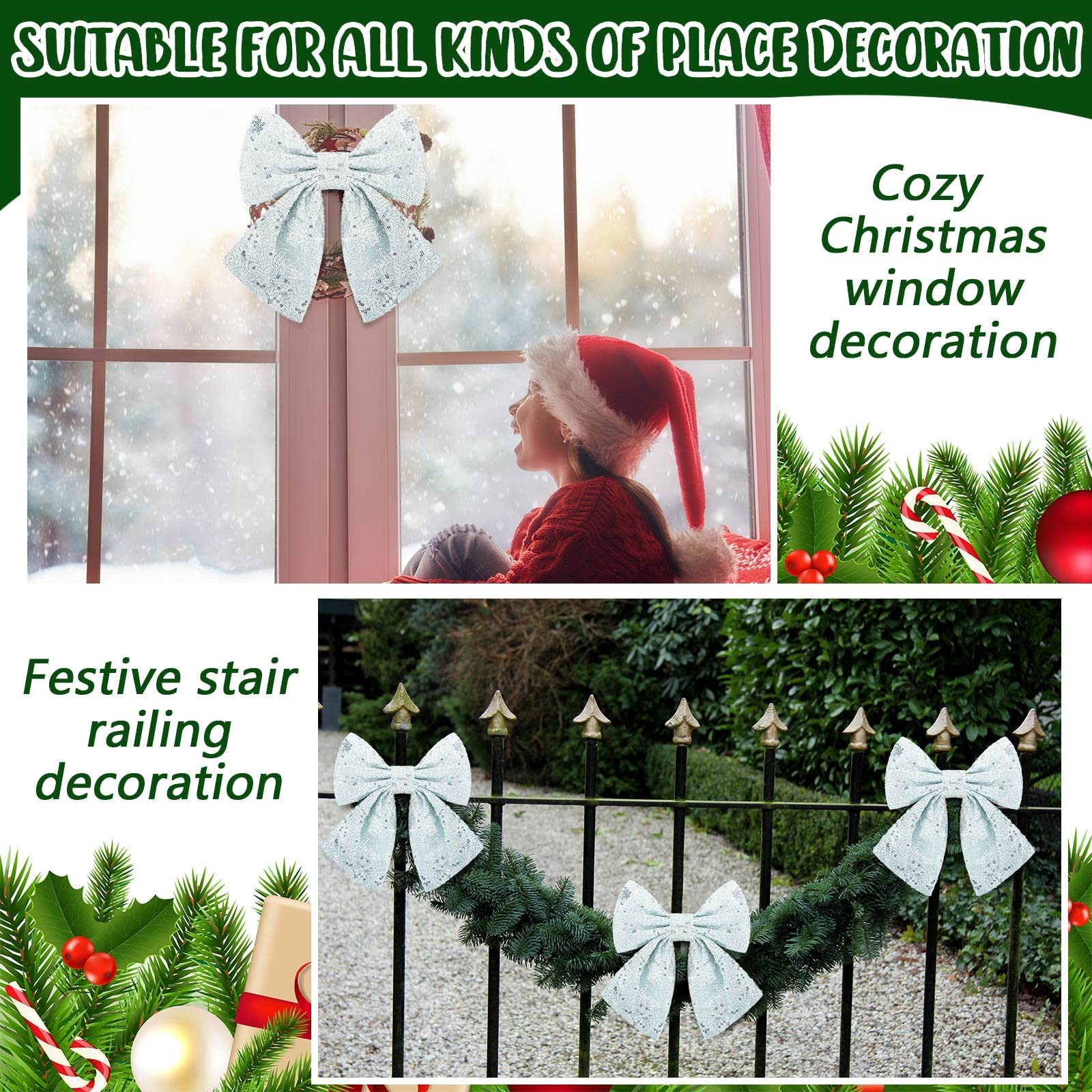 2 Pieces Christmas Bow 10 x 8 Inches Glitter Bows for Wreath Shiny Bow with B…