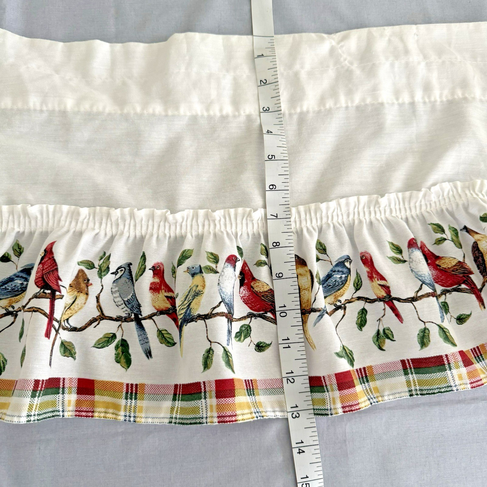 Vtg Window Toppers Songbirds Plaid Valance Ruffle Cardinal Blue Jay Birds 13×51″