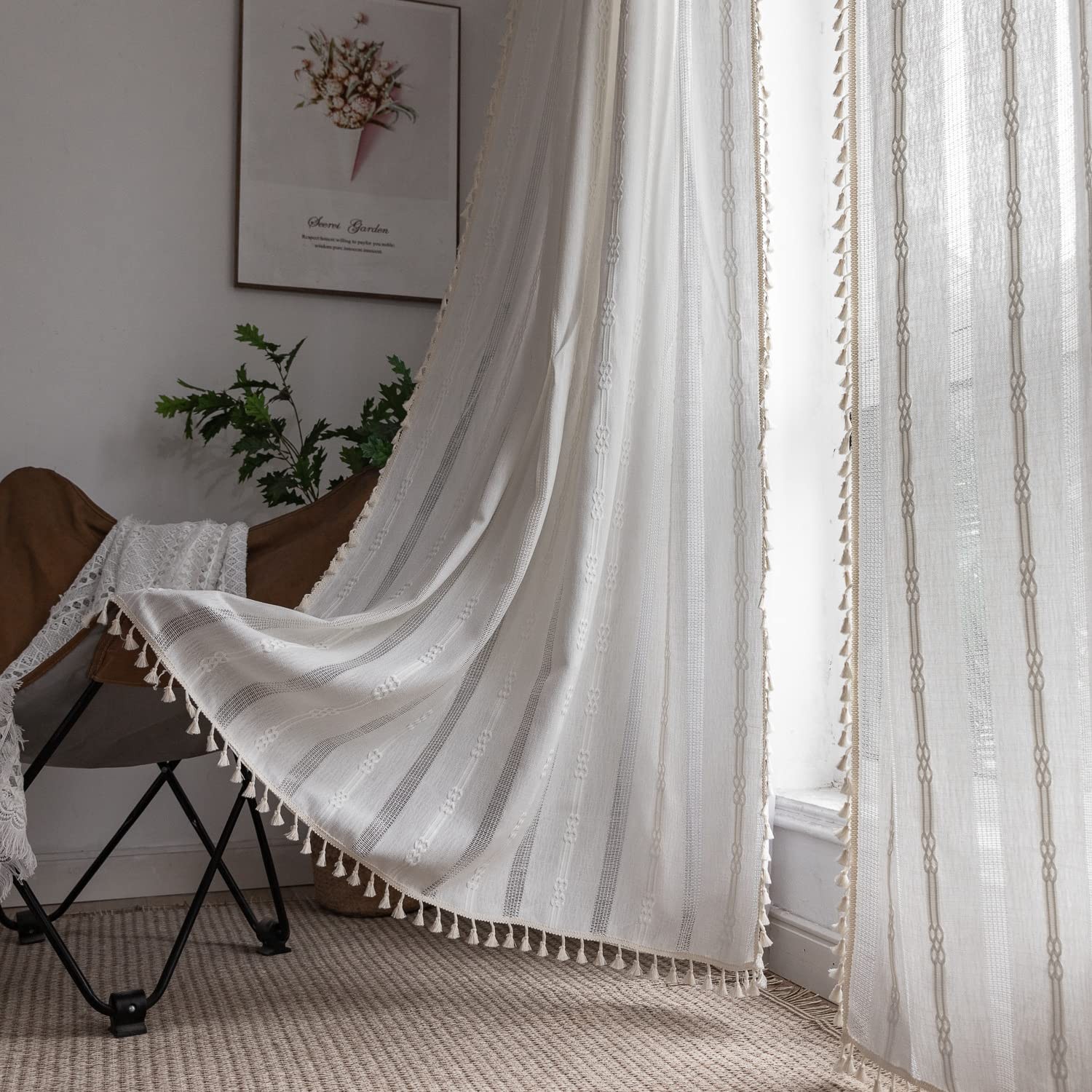 Boho Curtains for Bedroom Embroidery Striped Farmhouse 84 Inches Long 2 Panne…