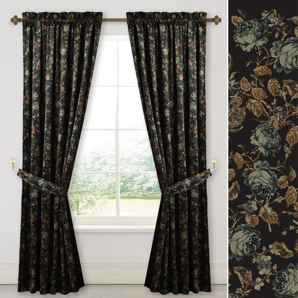 Luxury Black Velvet Floral Curtains 102″ Long, 2 Panels for Home Decor