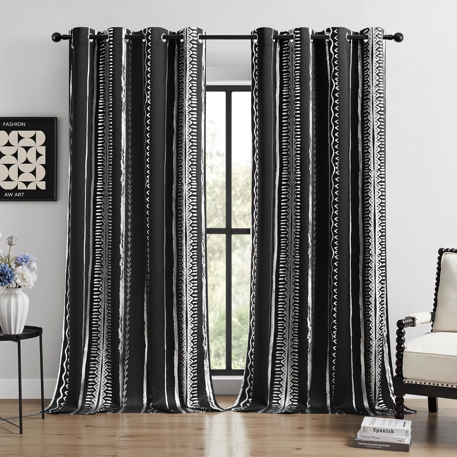 Black and Silver Curtains, 100% Blackout, Boho Metallica Silver Foil Pattern –