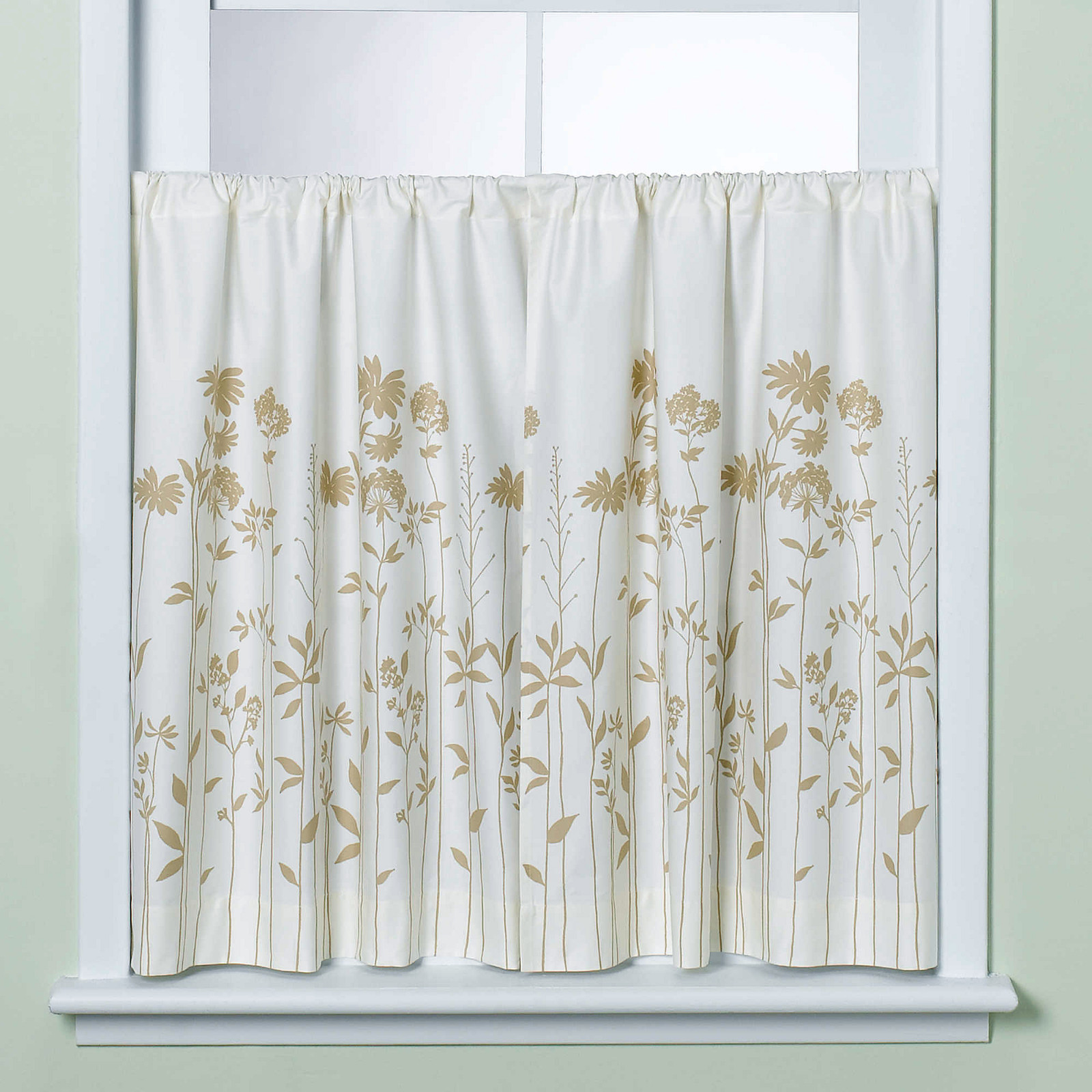 Julia Ivory/Tan Contemporary Engineered Floral Tailored Cafe/Tier Pair 60″x36″