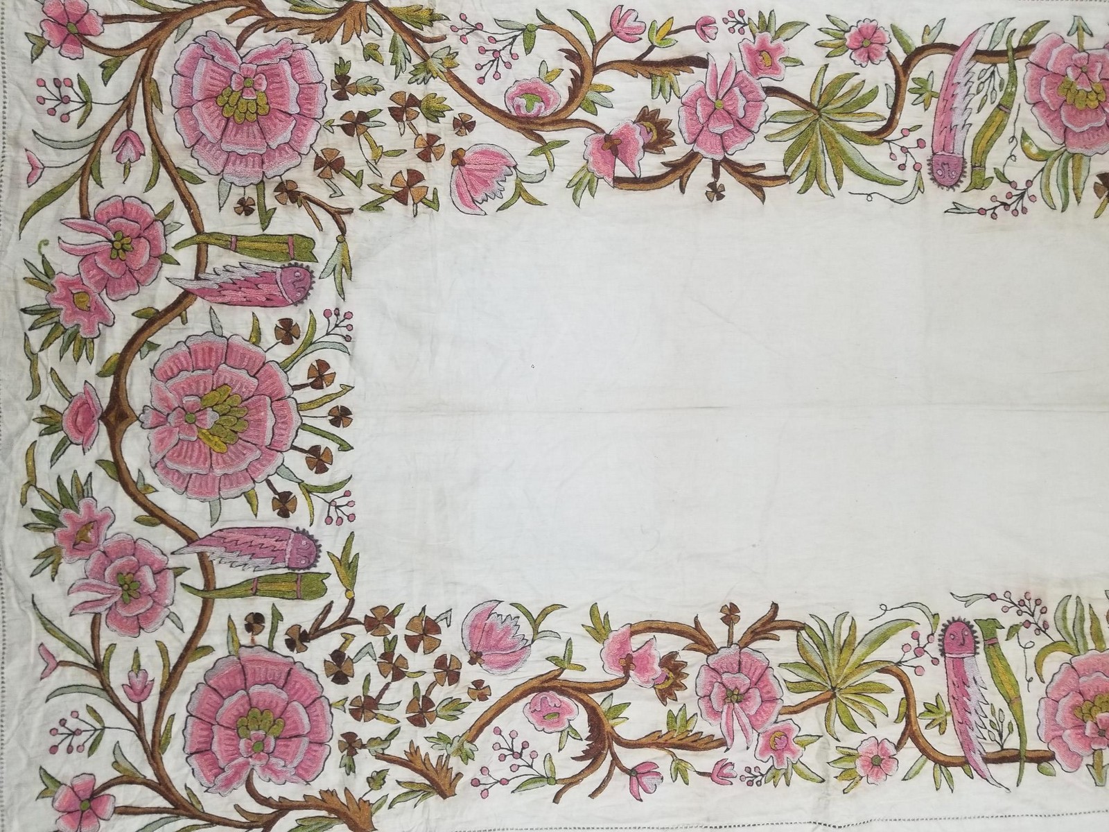 Antique Central Asian Uzbek Hand Embroidered Floral & Bird Curtain Panel 82x44in