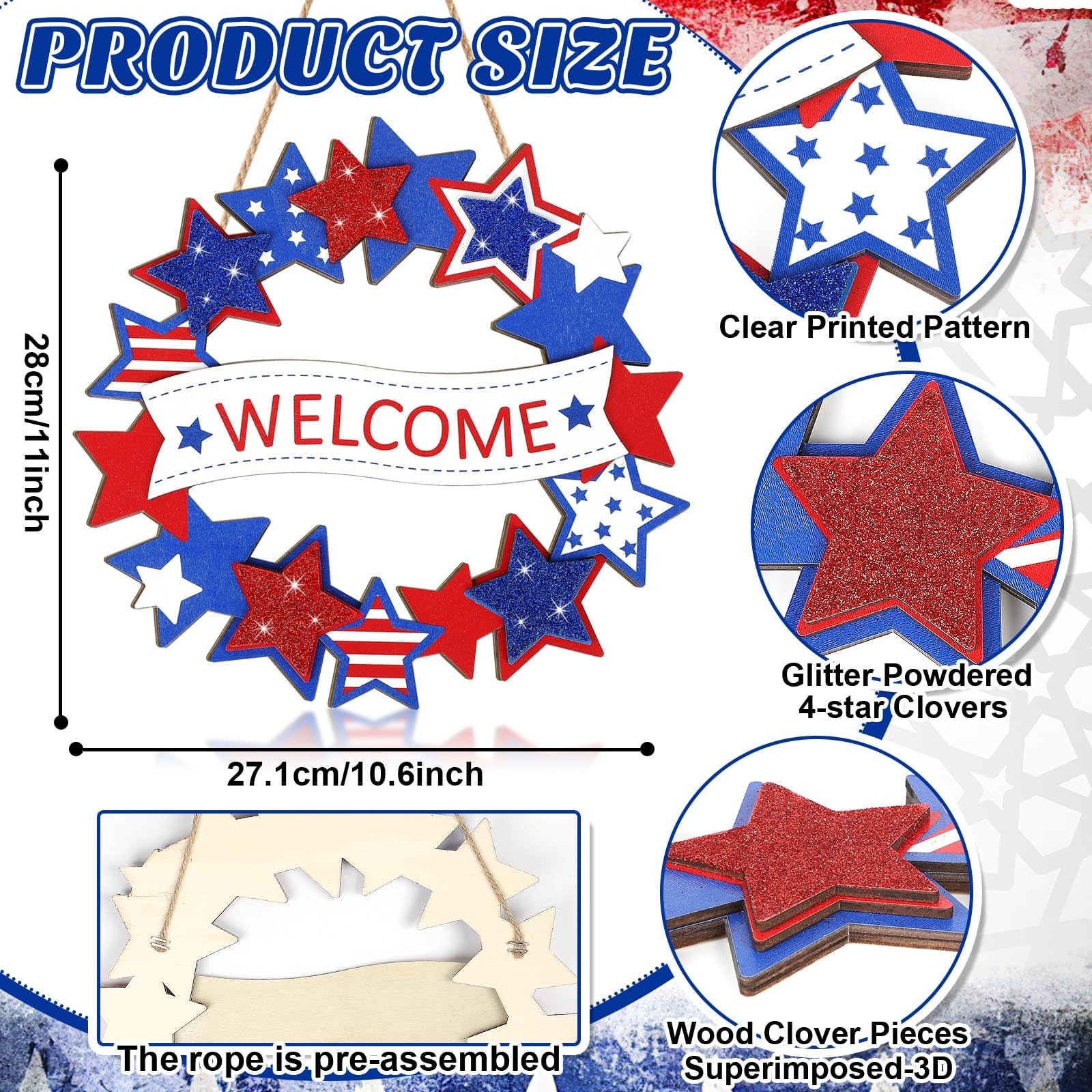 Wooden 4th of July Decoration Door Wreath for Front Door Sign Star Wall Signs, Q