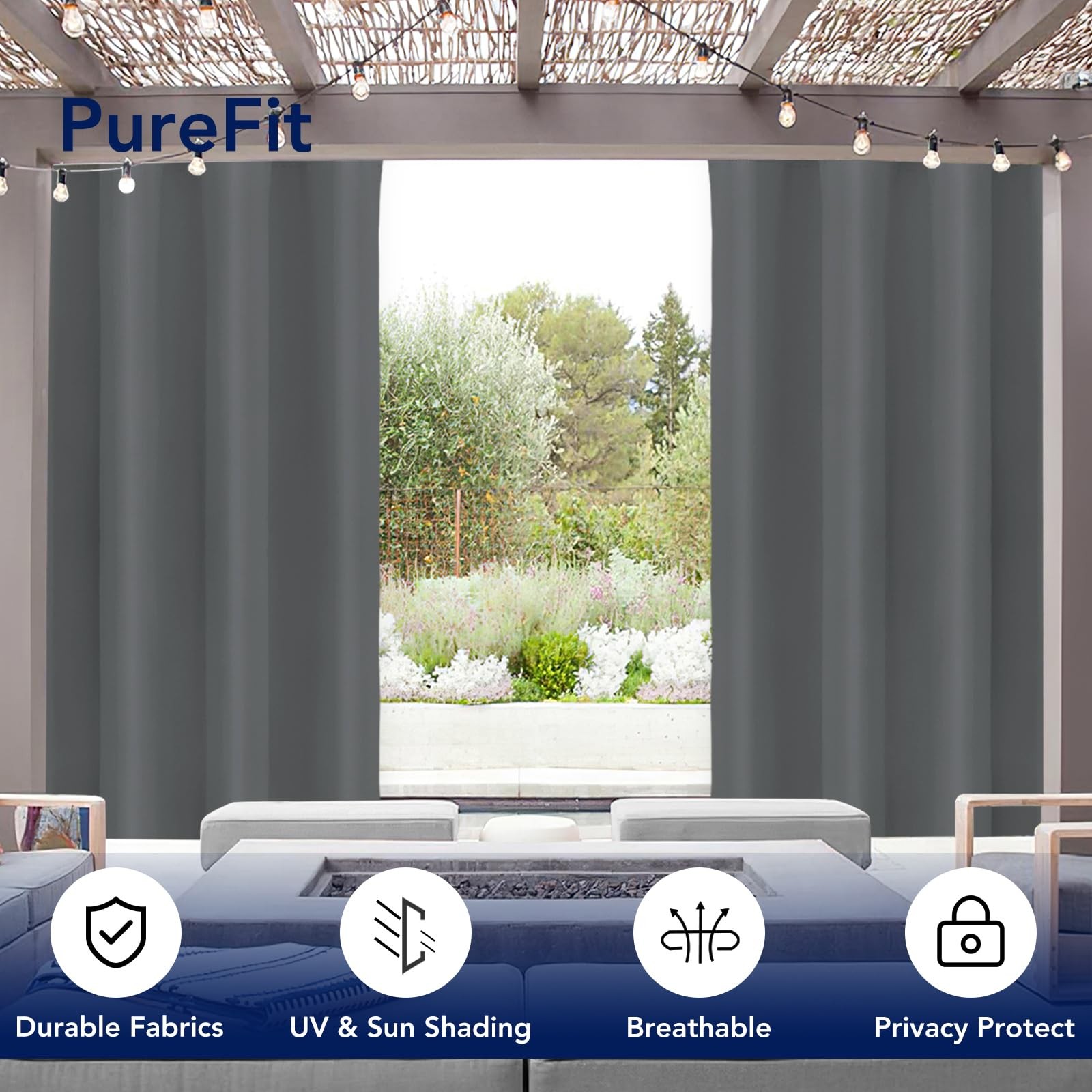 PureFit Outdoor Curtains for Patio Waterproof 52″W x 84″L (Pack of 1), Grey