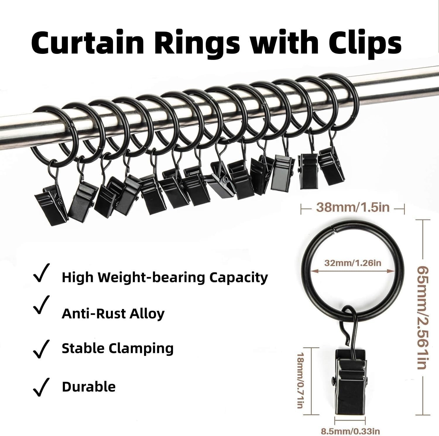 50PCS Curtain Rings with Clips – Curtain Clips Black Drapery Rings with Fastener