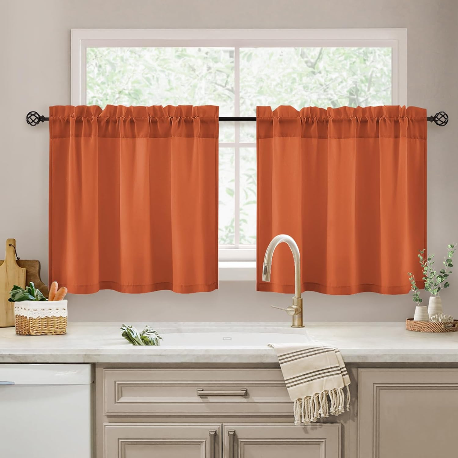 Non-See-Through Fall Burnt Orange Privacy Kitchen Sheer Curtains 24 Inches Long