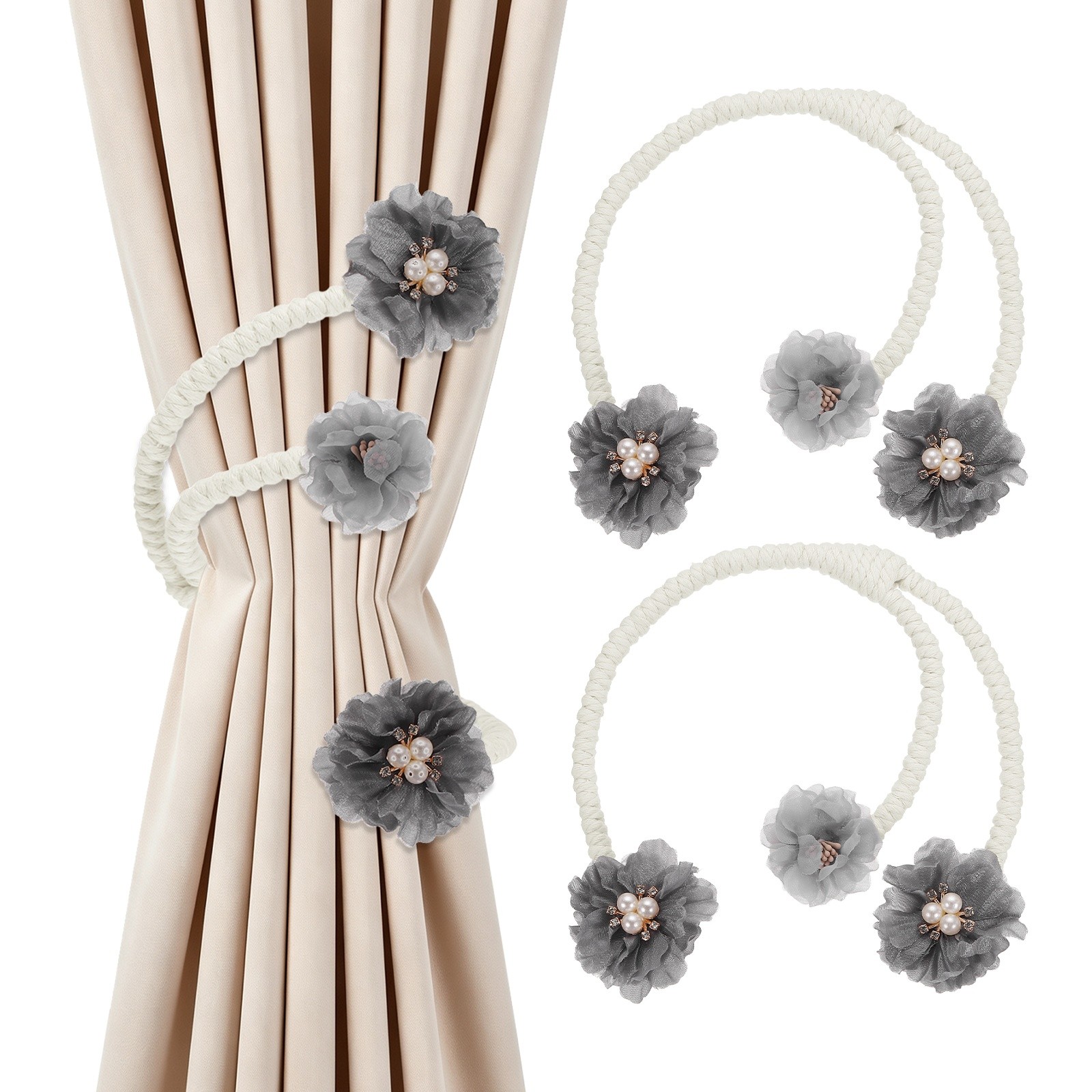 2Pcs Flower Curtain Tiebacks, 3 Flower 45cm Twist Holdbacks Clip, Gray