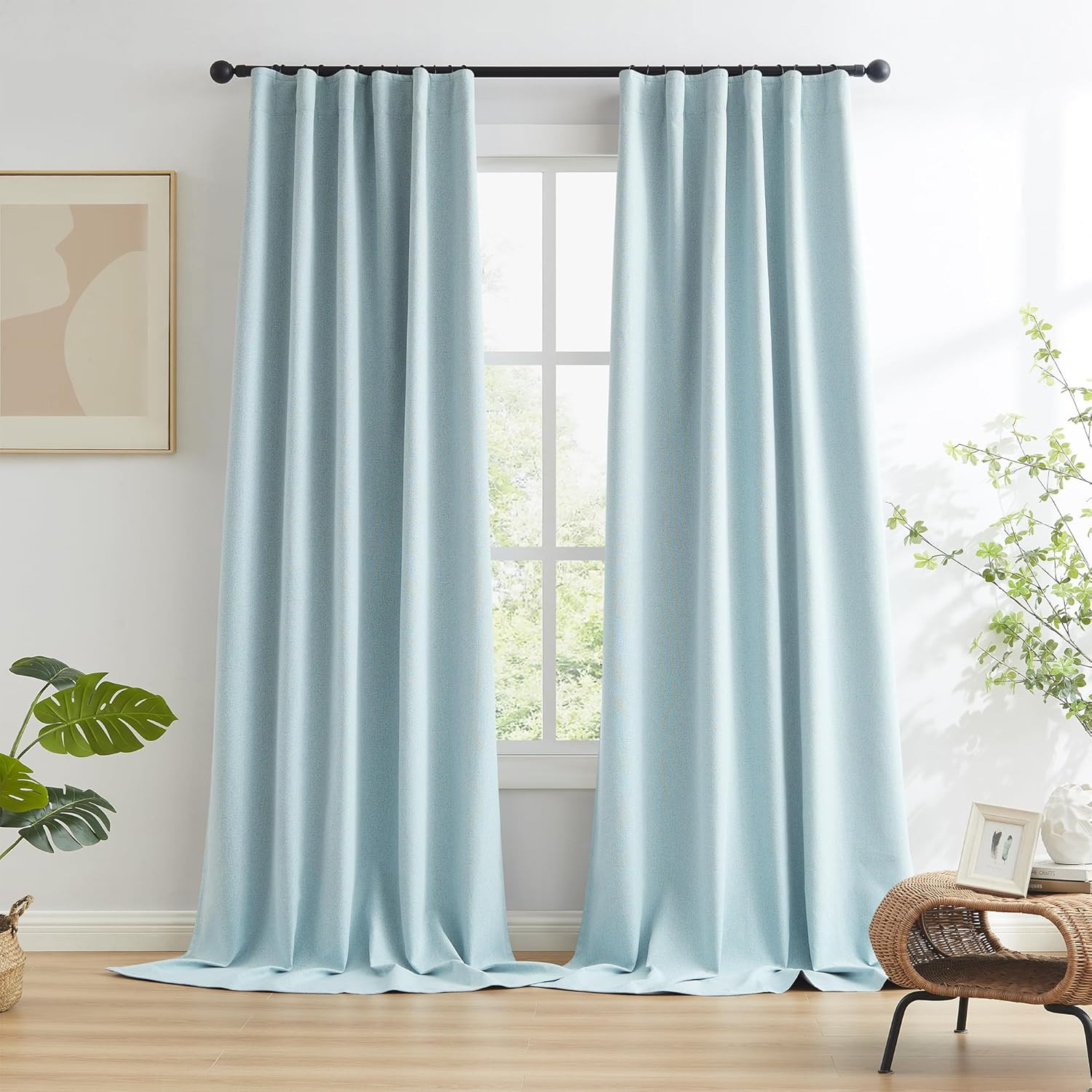 Light Sky Blue Blackout Linen Door Curtains, Energy Smart & Noise Reducing Pair