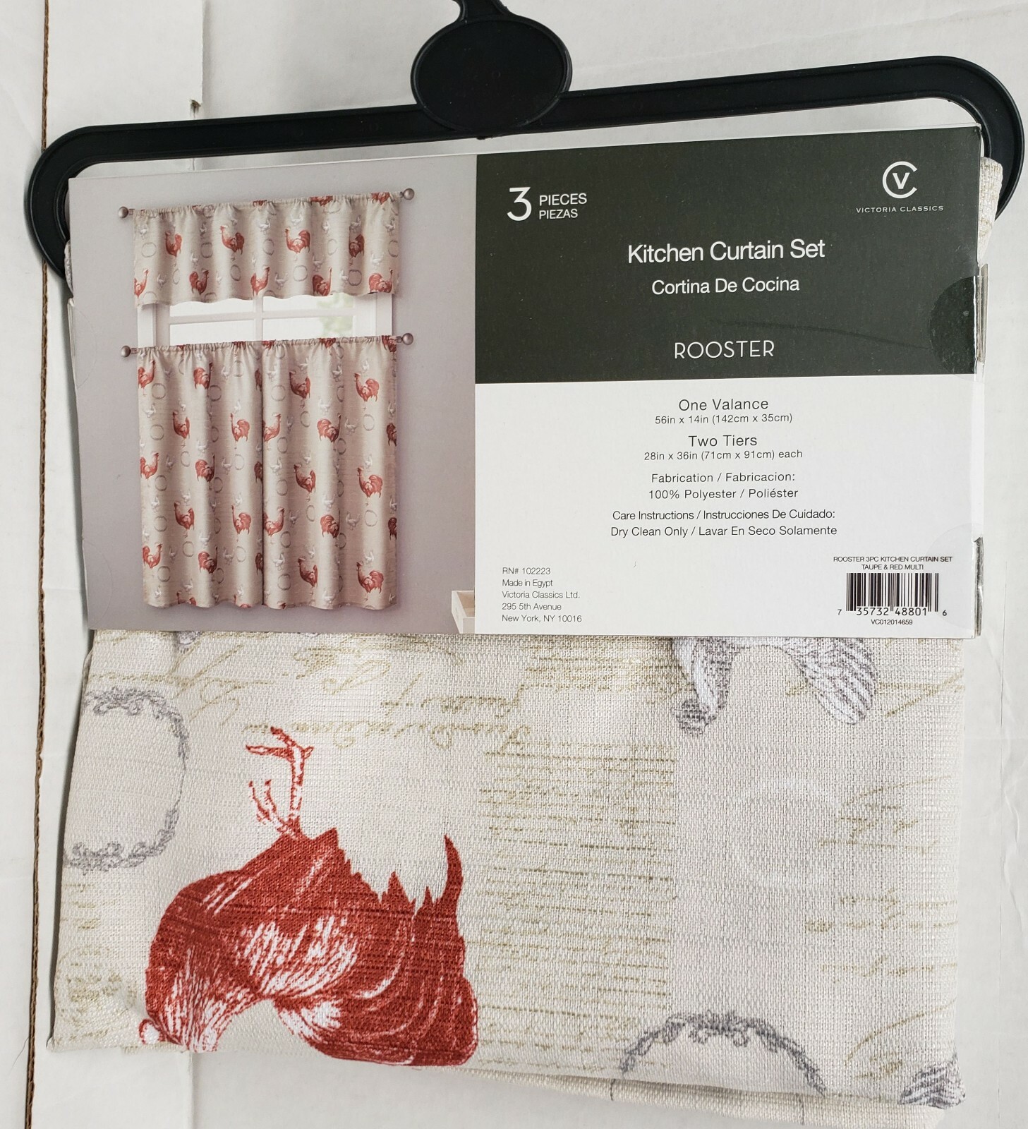 3 pc. Curtains Set: Valance (56″x14″) & 2 Tiers (28″x36″) ROOSTER & STAMPS, VC