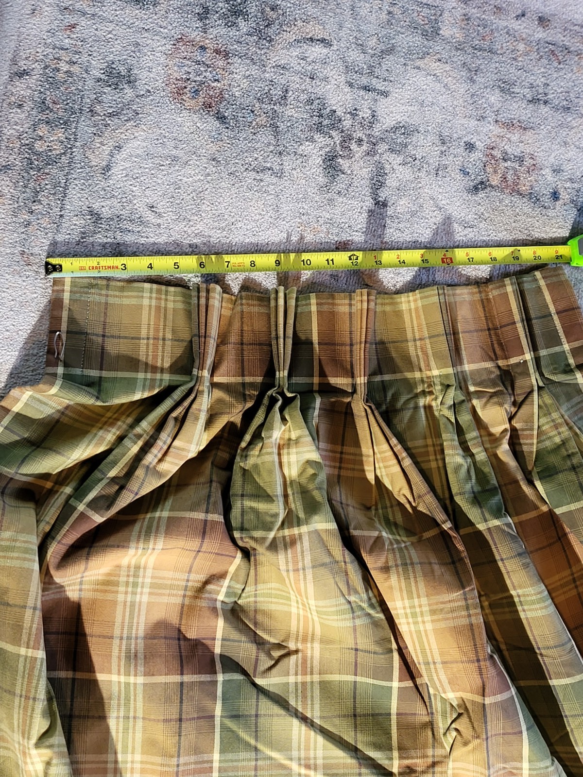 CUSTOM LONG LINED PLAID TARTAN PLEATED PINCHED DRAPES GREEN BROWN, EXCELLENT