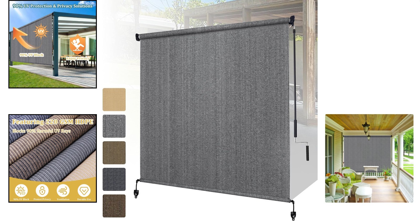 Versatile Gray Outdoor Roller Shades, 8′ W x 8′ H Cordless for Decks & Balconies