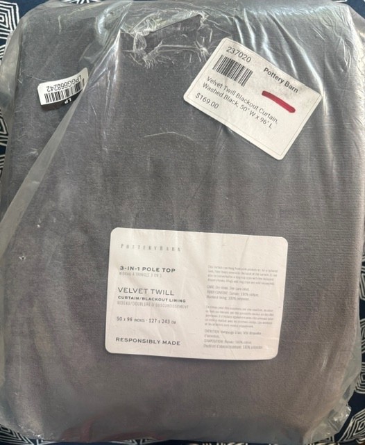 NEW $338 SET 2 Pottery Barn VELVET TWILL BLACKOUT CURTAINS 50 x 96 WASHED BLACK