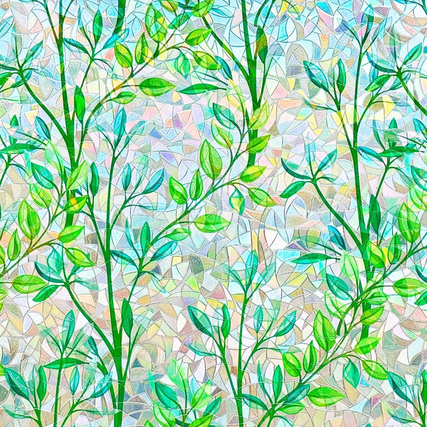 Stained Glass Privacy Window Film 3D Prism Green Leaves Sliding Door Cover Stati