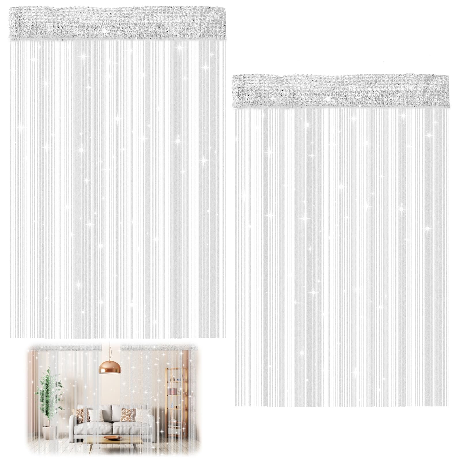 2 Piece Thread Curtain Set, 100 X 200cm Thread Curtain Glitter Silver Grey Bow Tie…