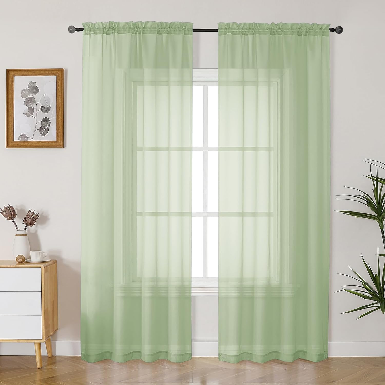 Light Green Sheer Curtains 84 Inches Long 2 Panels Set for Living Room, Rod Pock