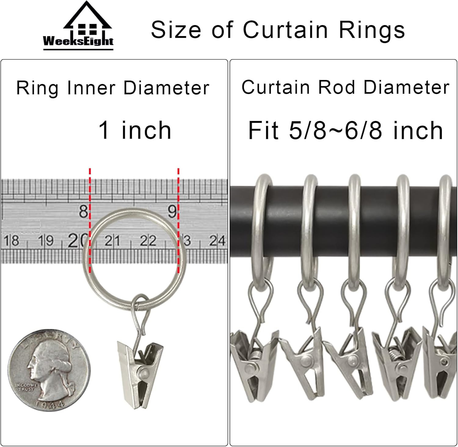 44 Pack Matte Silver Curtain Rings with Clips, Curtain Hooks Hangers Clip Rings