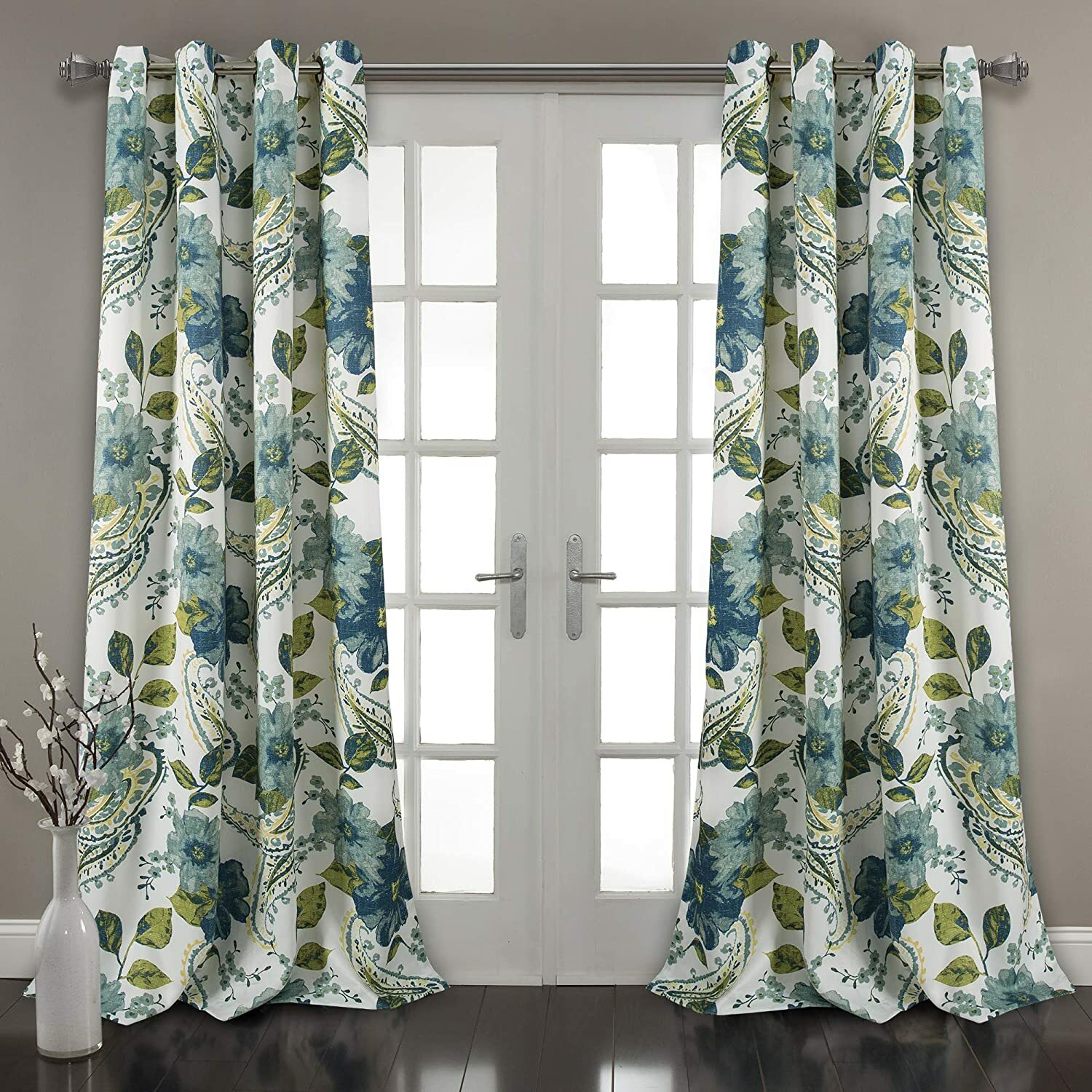 Set 2 Blue Teal Green Floral Paisley Curtains Panels Drapes 108 inch L Darkening