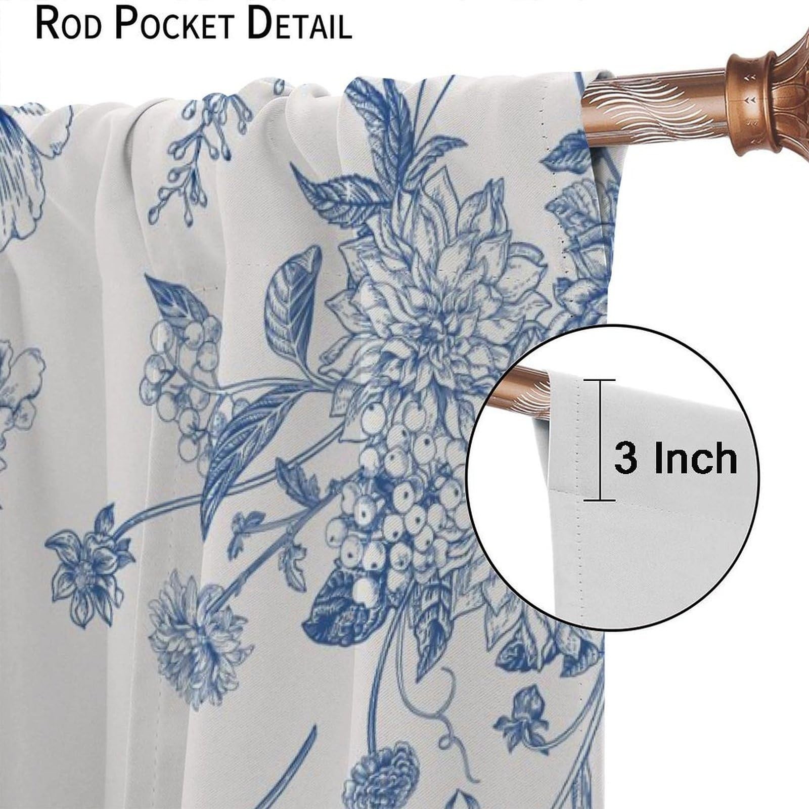 Blue Floral Bird Curtains, Boho Vintage Navy White Flowers Bird Chinoiserie A…