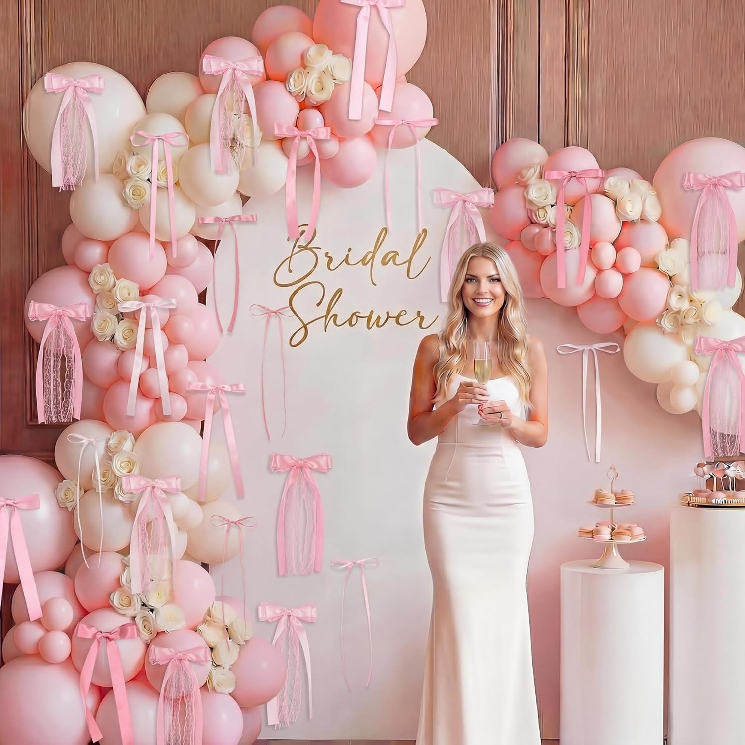 45Pcs Pink Lace Bow Wall Decor, 4 Styles Satin Bows Garland, DIY Bow Photo Ba…
