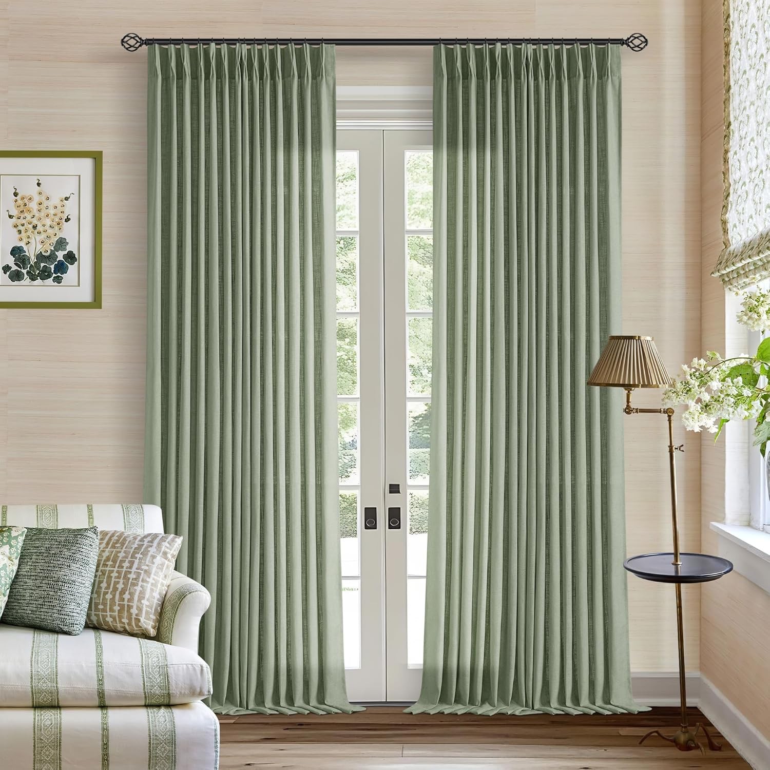 Pinch Pleated Linen Curtains 96 Inch Light Filtering Drapes 2 Panels Neutral