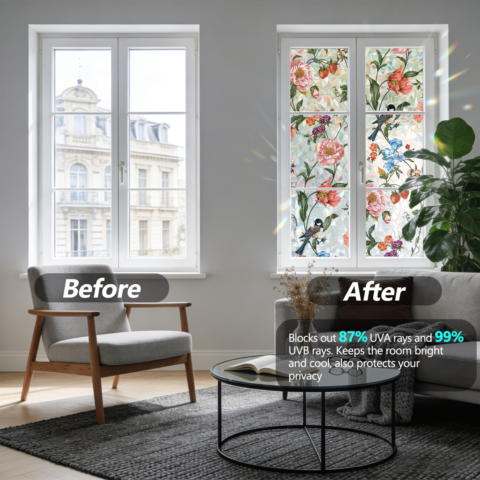 Bird & Flower Decals – Vibrant Static Electric Glass Stickers for Home Decor