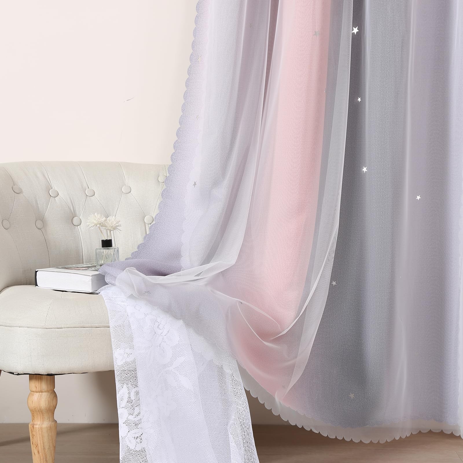 Pink and Grey Curtains Nursery Curtains for Bedroom Star Blackout Window Curt…