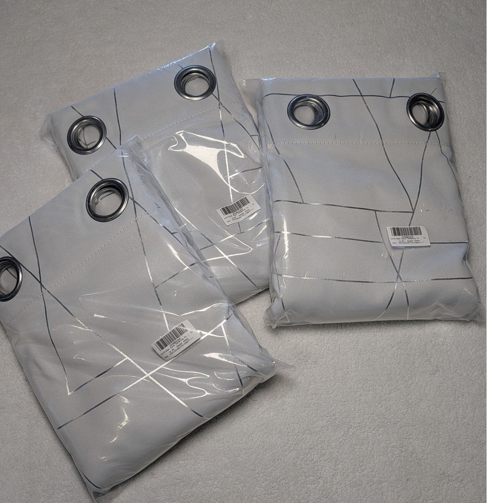 Nicetown Room Darkening Curtains 52×84 Greyish White Silver Geometric 3 sets