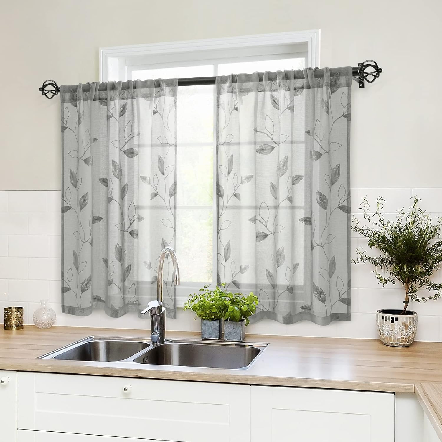 Grey Sheer Kitchen Curtains 30 X 36 Inch Length 2 Panels Embroidered Leaf Patter
